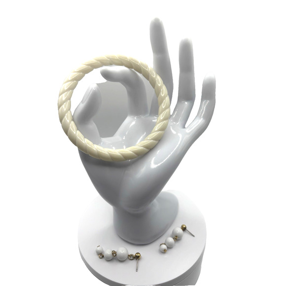 Vintage Plastic Beads Necklace Earrings & Bangle Cream Gold Tone J1-3028 - Picture 4 of 7